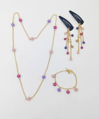 Lime by manika dollies bead neck chain, bracelet & hair clips set, pink, mauve 1
