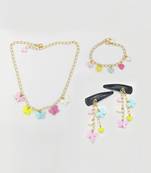Butterfly & hearts necklace, bracelet &dangle clips - pink, blue, yellow