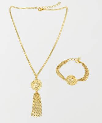 Swirl & tasseled chain necklace & bracelet set- gold 1