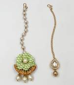 Set of 2 floral gota & kundan maang teekas- light green,gold