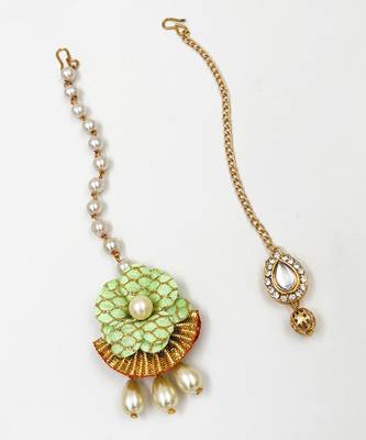 Set of 2 floral gota & kundan maang teekas- light green,gold 2