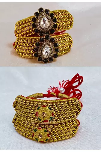 Size-adjustable brass  golden stone stud pouchi combo