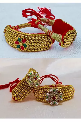 Size-adjustable brass  golden stone stud pouchi combo