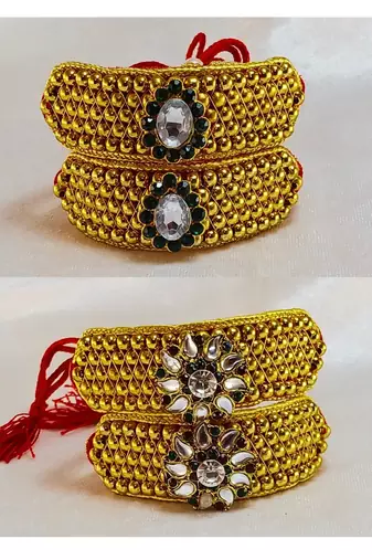 Size-adjustable brass  golden stone stud pouchi combo