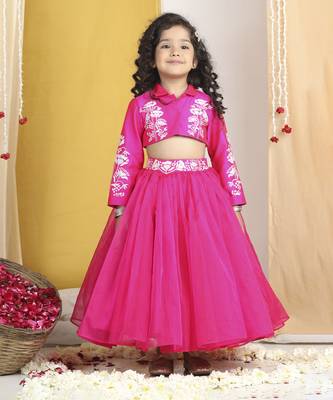 Thread embroidery blouse with net flair lehanga 1