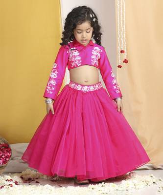 Thread embroidery blouse with net flair lehanga 2