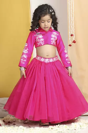 Thread embroidery blouse with net flair lehanga