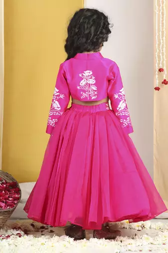 Thread embroidery blouse with net flair lehanga