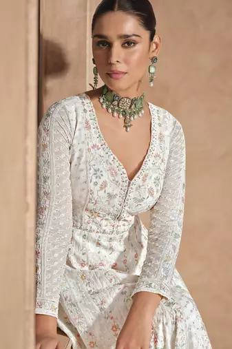Off white heavy chinon embroidered anarkali suit