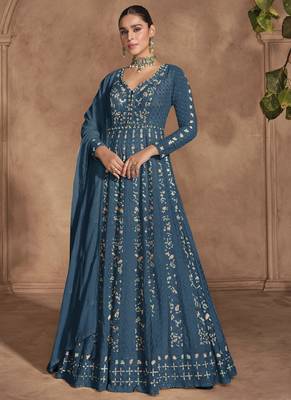Blue heavy chinon embroidered anarkali suit 1