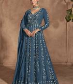Blue heavy chinon embroidered anarkali suit