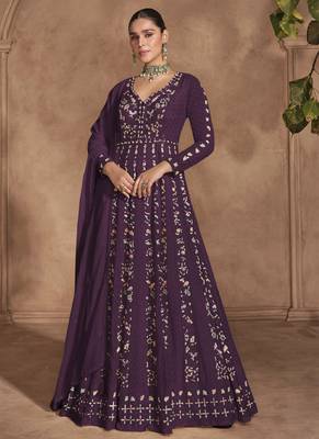 Violet heavy chinon embroidered anarkali suit 1