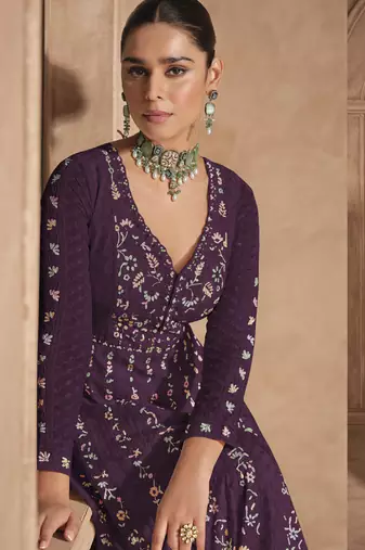 Violet heavy chinon embroidered anarkali suit