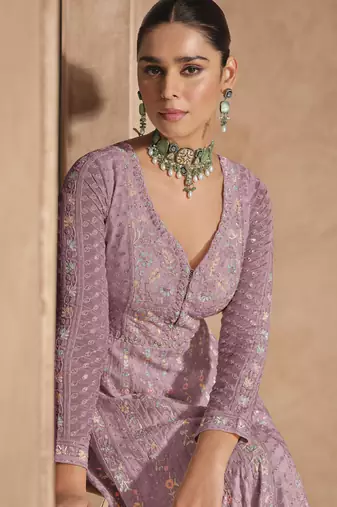 Onion pink heavy chinon embroidered anarkali suit