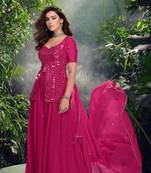 Pink embroidery sequins work chinon silk anarkali palazzo suit- free size stitched(size upto 42")