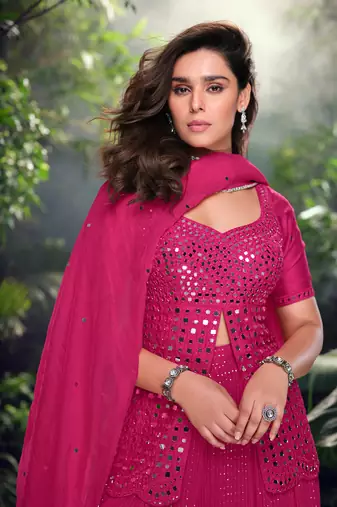 Pink embroidery sequins work chinon silk anarkali palazzo suit- free size stitched(size upto 42")