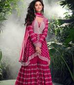 Pink embroidery sequins work chinon silk anarkali palazzo suit- free size stitched(size upto 42")