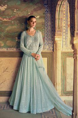 Blue chikankari embroidery sequins mirror work georgette gown - free size stitched(size upto 42") 1