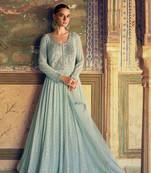 Blue chikankari embroidery sequins mirror work georgette gown - free size stitched(size upto 42")
