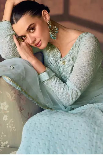 Blue chikankari embroidery sequins mirror work georgette gown - free size stitched(size upto 42")