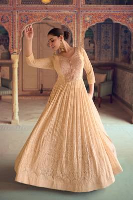 Peach chikankari embroidery sequins mirror work georgette gown suit- free size stitched(size upto 42") 1