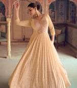 Peach chikankari embroidery sequins mirror work georgette gown suit- free size stitched(size upto 42")