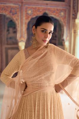 Peach chikankari embroidery sequins mirror work georgette gown suit- free size stitched(size upto 42") 2