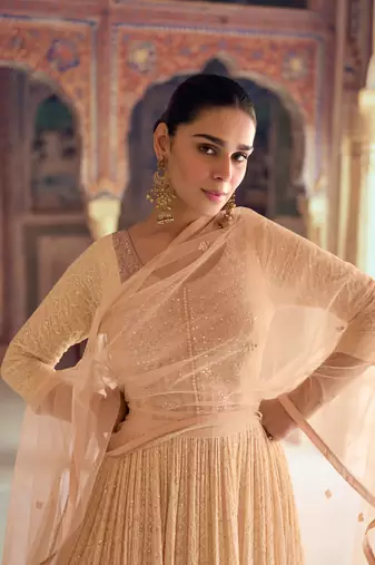 Peach chikankari embroidery sequins mirror work georgette gown suit- free size stitched(size upto 42")
