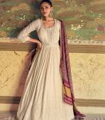 Off-white chikankari embroidery sequins mirror work georgette gown suit- free size stitched(size upto 42")