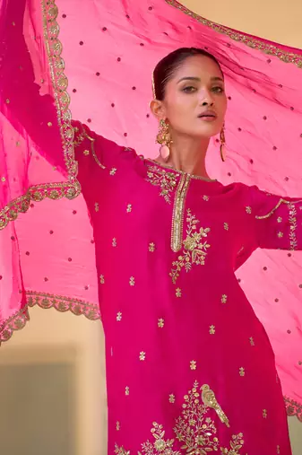 Pink embroidery sequins work crepe silk straight dhoti suit- free size stitched(size upto 42")
