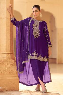 Purple Embroidery Sequins Work Crepe Silk Punjabi Salwar Suit- Free Size Stitched(Size Upto 42") 1