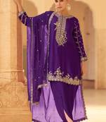 Purple Embroidery Sequins Work Crepe Silk Punjabi Salwar Suit- Free Size Stitched(Size Upto 42")