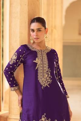 Purple Embroidery Sequins Work Crepe Silk Punjabi Salwar Suit- Free Size Stitched(Size Upto 42") 2