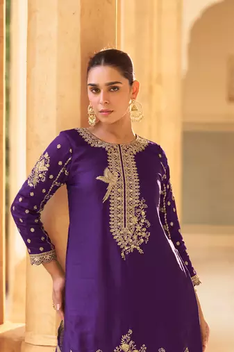 Purple Embroidery Sequins Work Crepe Silk Punjabi Salwar Suit- Free Size Stitched(Size Upto 42")