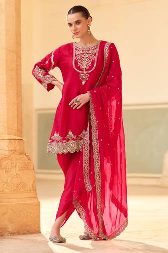 Red embroidery sequins work crepe silk straight dhoti suit- free size stitched(size upto 42")