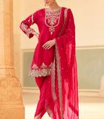 Red embroidery sequins work crepe silk straight dhoti suit- free size stitched(size upto 42")