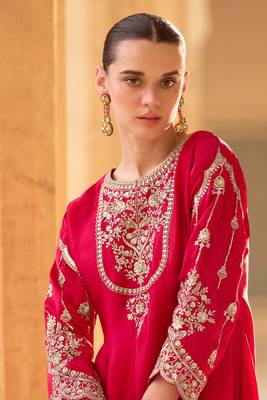 Red embroidery sequins work crepe silk straight dhoti suit- free size stitched(size upto 42") 2
