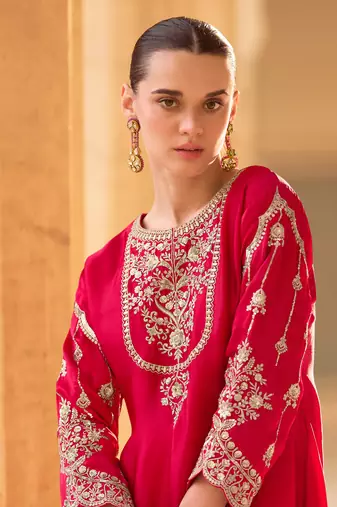 Red embroidery sequins work crepe silk straight dhoti suit- free size stitched(size upto 42")