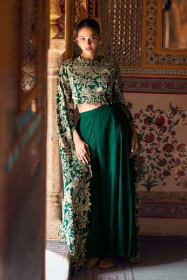 Green embroidery sequins, stone work chinon silk blouse palazzo suit- free size stitched(size upto 42") 1
