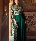 Green embroidery sequins, stone work chinon silk blouse palazzo suit- free size stitched(size upto 42")