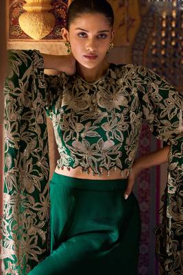 Green embroidery sequins, stone work chinon silk blouse palazzo suit- free size stitched(size upto 42") 2