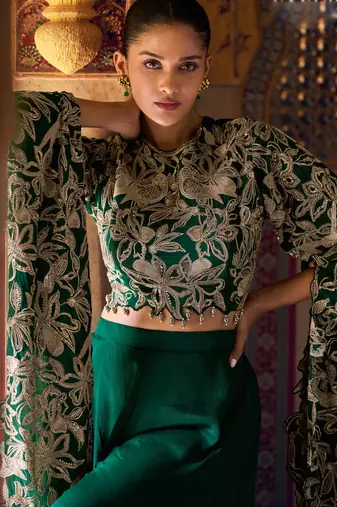 Green embroidery sequins, stone work chinon silk blouse palazzo suit- free size stitched(size upto 42")