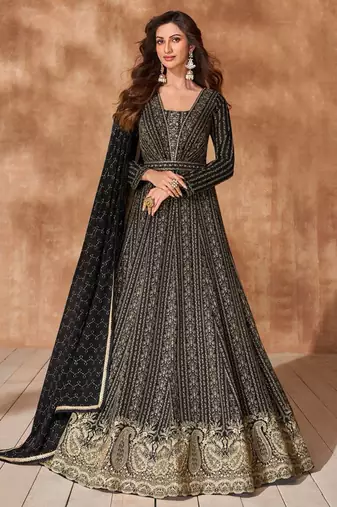 Black embroidery sequins work georgette gown suit- free size stitched(size upto 42")