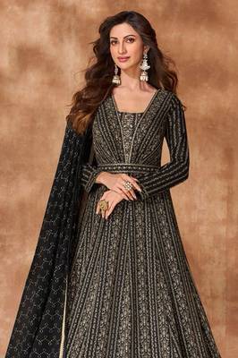 Black embroidery sequins work georgette gown suit- free size stitched(size upto 42") 2
