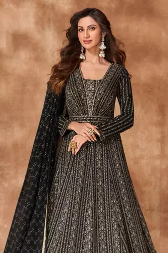 Black embroidery sequins work georgette gown suit- free size stitched(size upto 42")