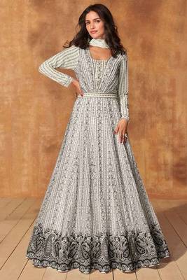 White embroidery sequins work georgette gown suit- free size stitched(size upto 42") 1