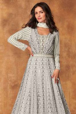 White embroidery sequins work georgette gown suit- free size stitched(size upto 42") 2