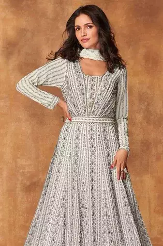 White embroidery sequins work georgette gown suit- free size stitched(size upto 42")