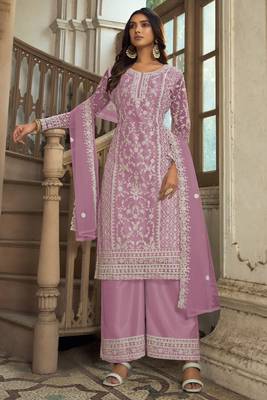 Lavender embroidery sequins work net straight palazzo suit- free size stitched(size upto 42") 1