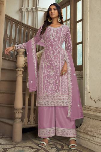 Lavender embroidery sequins work net straight palazzo suit- free size stitched(size upto 42")